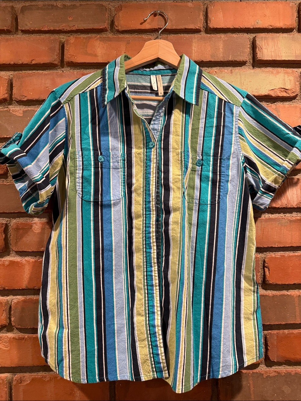 White Stag Short-Sleeve Button-Down Shirt - Blue, Green & Yellow Stripes